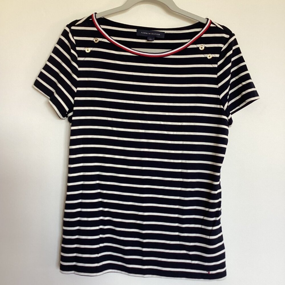 Tommy Hilfiger Blue and White Striped Nautical Short Sleeve Shirt Size Medium